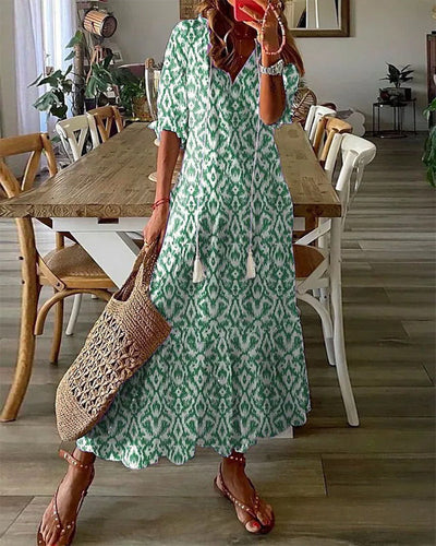Andrea - Boho Vintage V-Hals Trykt Kjole