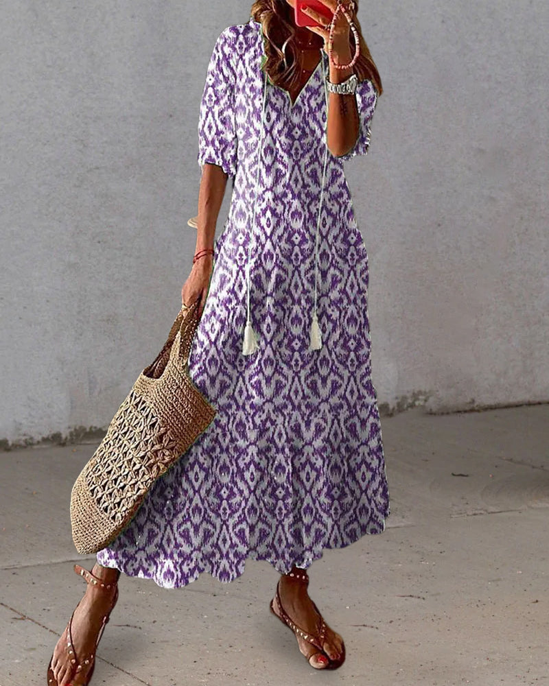 Andrea - Boho Vintage V-Hals Trykt Kjole