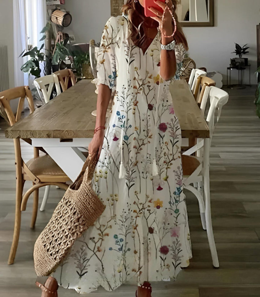 Andrea - Boho Vintage V-Hals Trykt Kjole