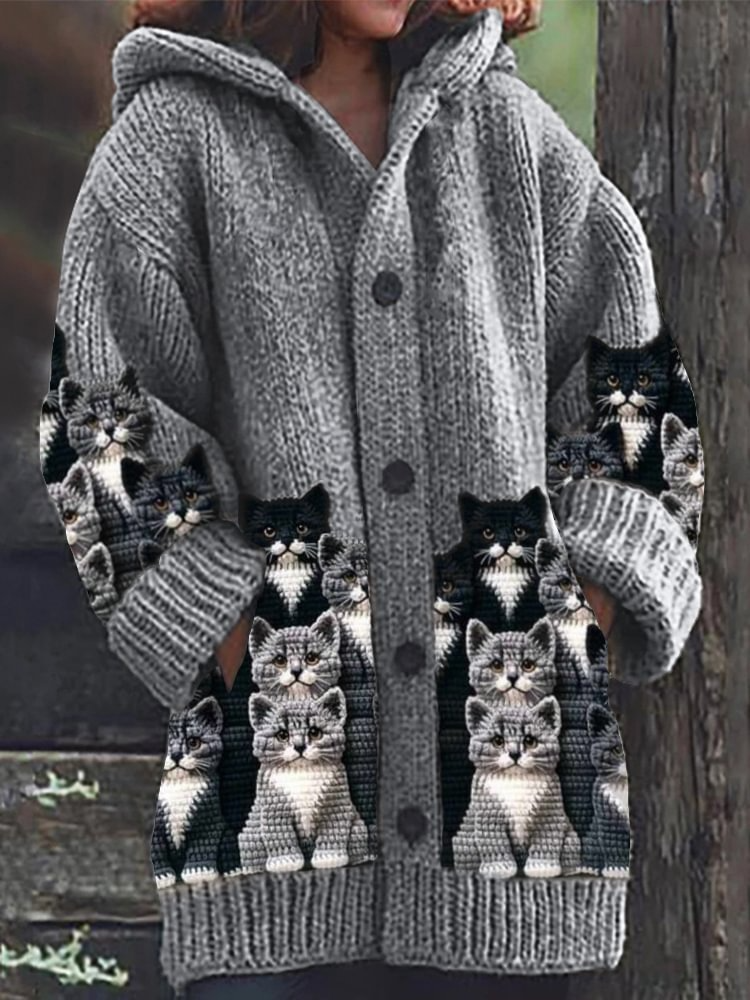 Jasmin - Cozy Strik Kat Print Cardigan