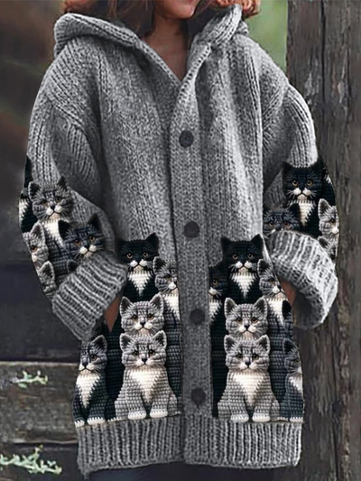 Jasmin - Cozy Strik Kat Print Cardigan