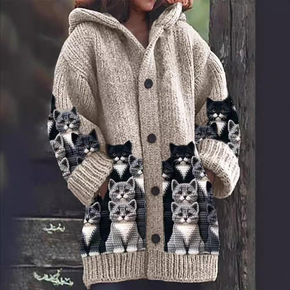Jasmin - Cozy Strik Kat Print Cardigan