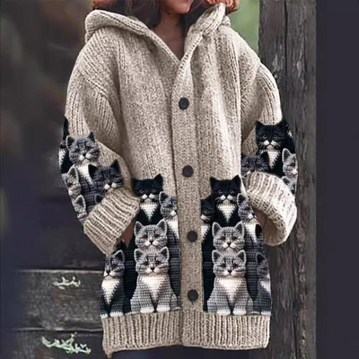 Jasmin - Cozy Strik Kat Print Cardigan