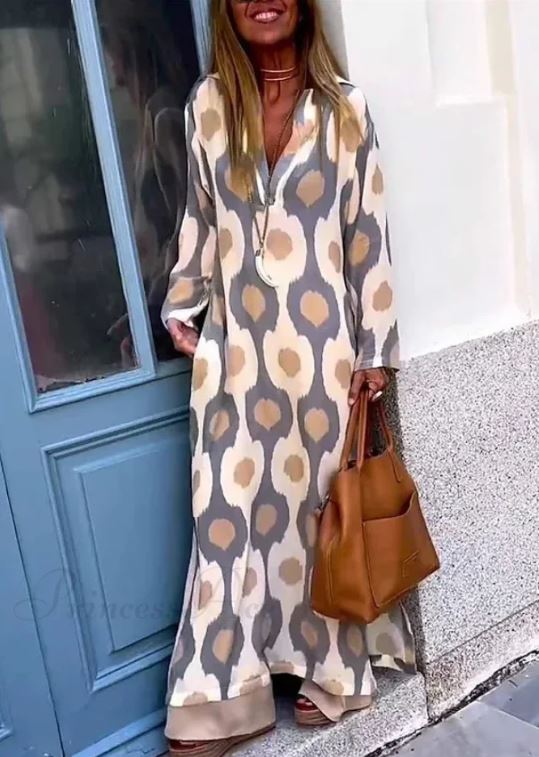 Boho V-Hals Kjole med Geometrisk Print og Efterårssplit