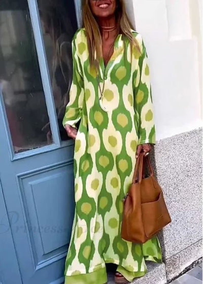 Boho V-Hals Kjole med Geometrisk Print og Efterårssplit