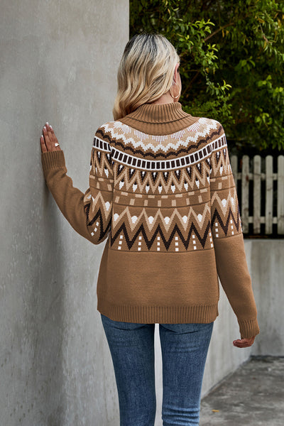 Strik pullover med høj hals til kvinder | Geometrisk mønster vinter