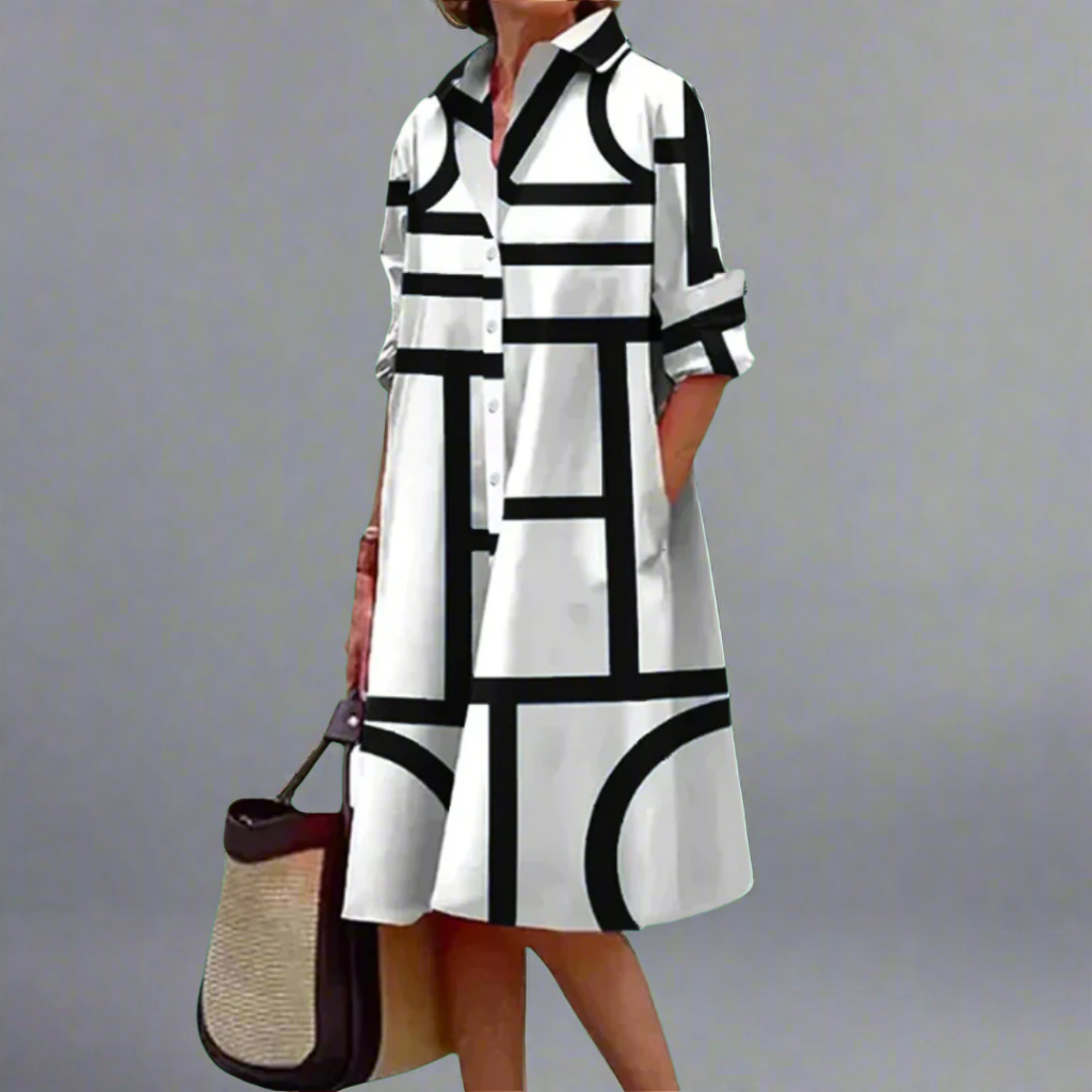Elowen - Elegant Geometrisk Stribet Midi Kjole