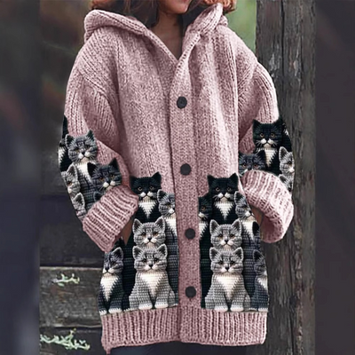 Jasmin - Cozy Strik Kat Print Cardigan