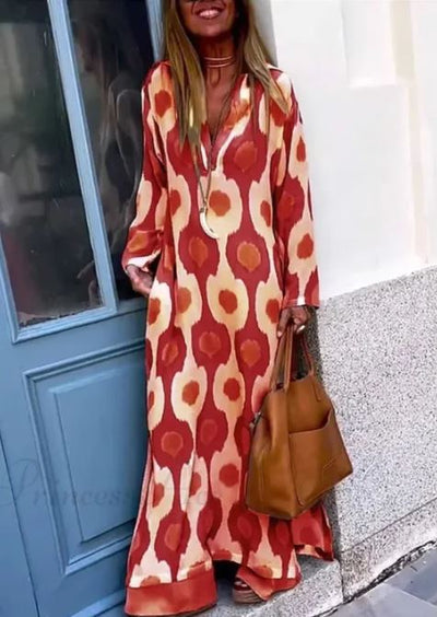Boho V-Hals Kjole med Geometrisk Print og Efterårssplit