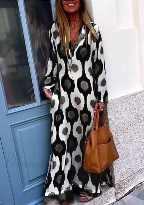 Boho V-Hals Kjole med Geometrisk Print og Efterårssplit