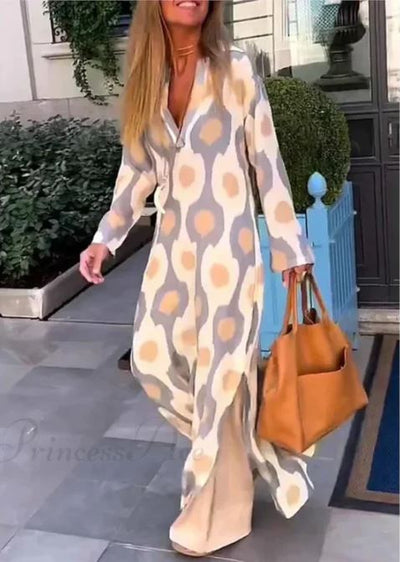 Boho V-Hals Kjole med Geometrisk Print og Efterårssplit