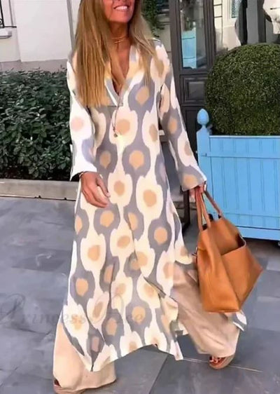 Boho V-Hals Kjole med Geometrisk Print og Efterårssplit