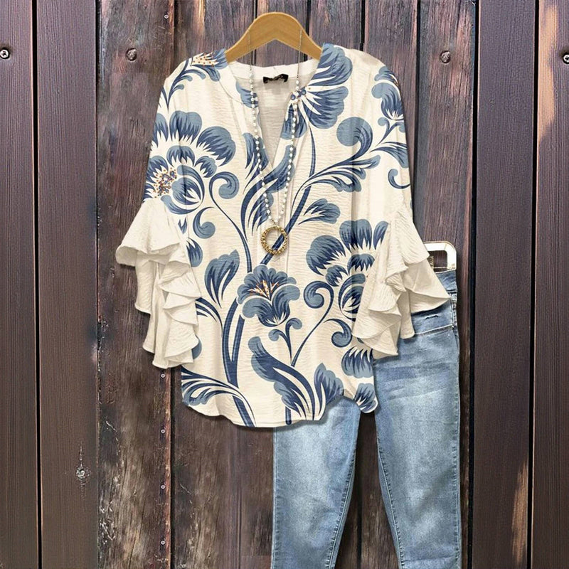 Kiona™ ELEGANT BLOUSE MED RETRO BLOMSTERMØNSTER