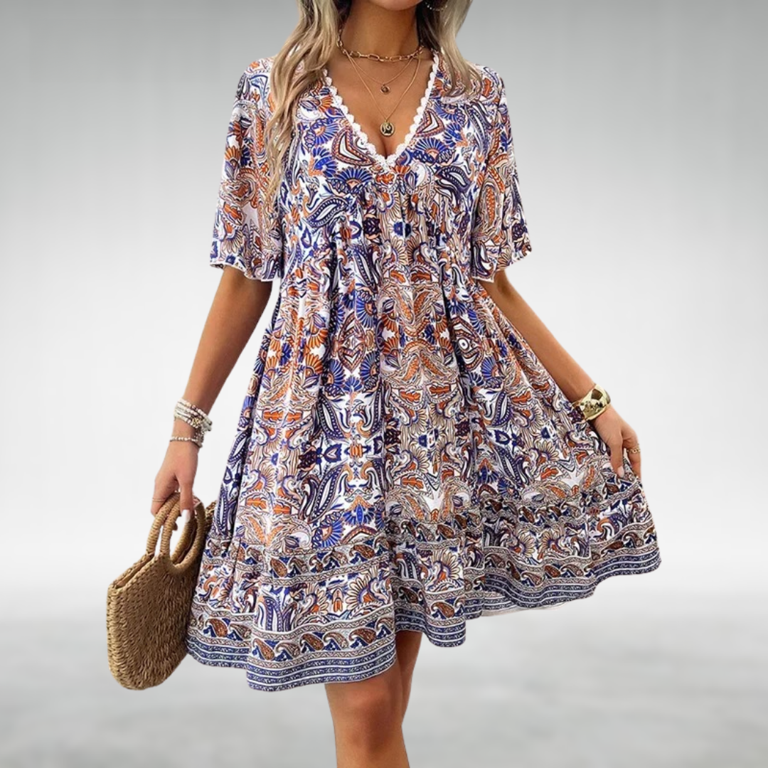 Adriana - Sommer Boho Paisley Print Mini Kjole