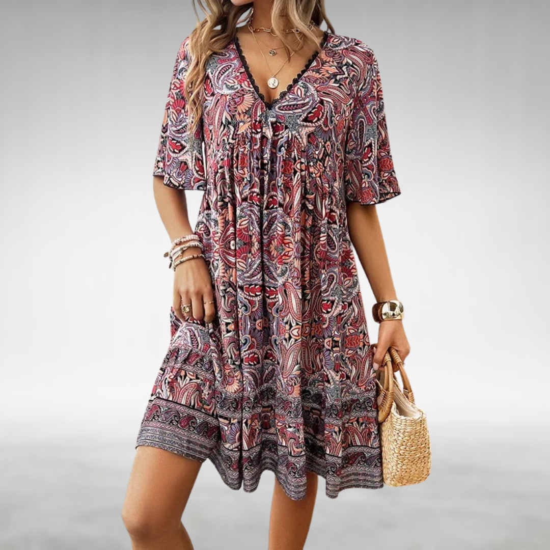 Adriana - Sommer Boho Paisley Print Mini Kjole