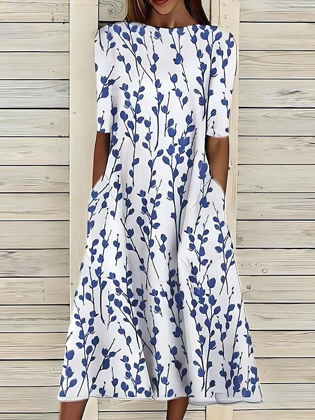 Céleste | Midi Sommerkjole med Kystblomster og Rund Hals