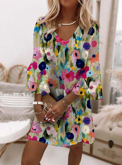 Tabitha - Romantisk Blomstret Print V-Hals Mini Kjole