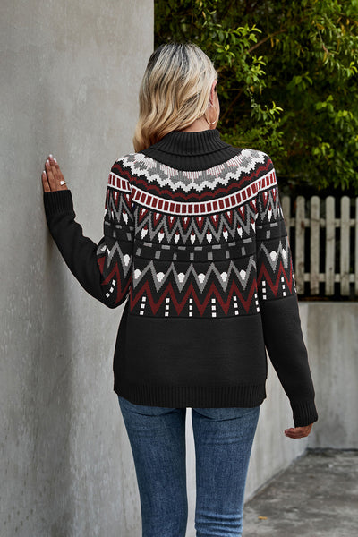 Strik pullover med høj hals til kvinder | Geometrisk mønster vinter